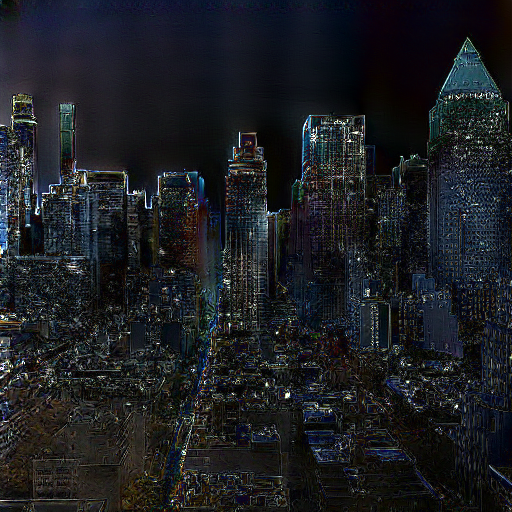 Residual map amplified ×10 revealing the embedded watermark perturbation — Sample 1 — cityscape aerial view with golden hour lighting